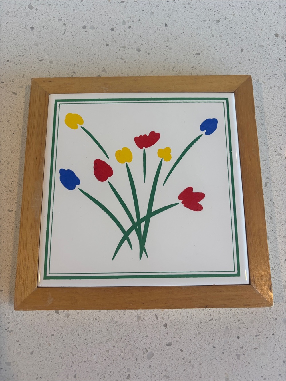 Mid Century Pot Holder Wood Framed Floral Tile Wall Art - Multi-Color